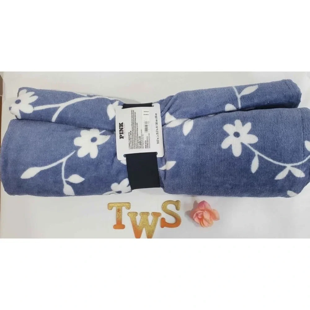 Victoria's Secret PINK Oversized Swim Towel Blue Floral Leaf Logo 39x71 NWT